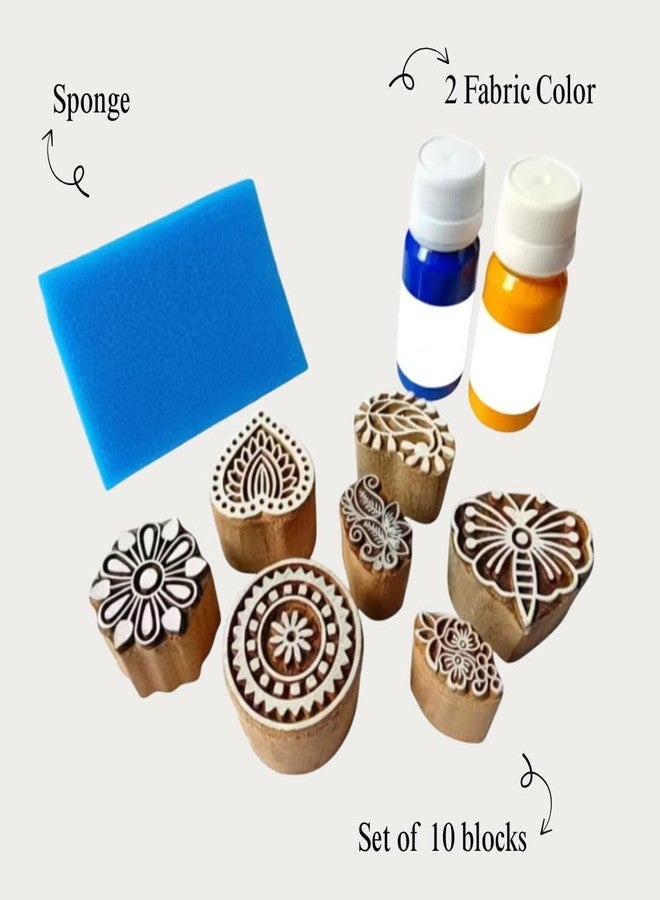 KHUSHA CREATIONS Wooden Block Printing Kit For Fabric, Paper & Craft | 10 Handcrafted Wooden Stamps with 2 Paints | Reusable Block Printing Tools for Kids & Adults | DIY Textile, Scrapbook & Art Project Set - Image 2